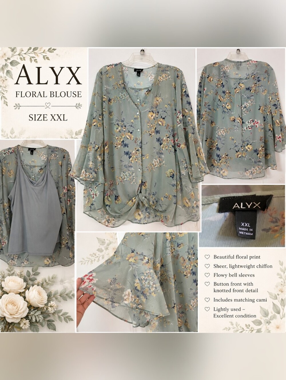 ALYX Sage Green Floral Tie-Front Blouse